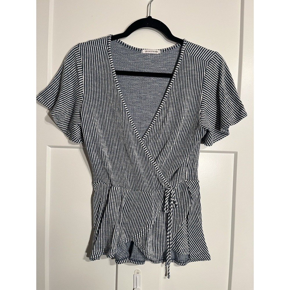 Caution To The Wind Womens Blue White Striped Wrap Peplum Top Short Sleeve S/M